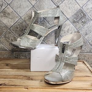 Michael Michael Kors Berkley T Strap Silver Glitter Stiletto Heels 7